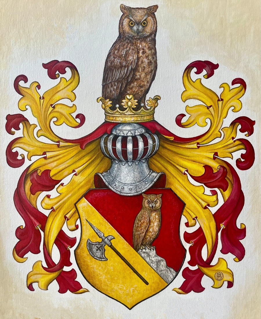 Oval wooden coat of arms panel with an owl crest, red acanthus-leaf mantling, and a shield bearing a crossed halberd and an owl