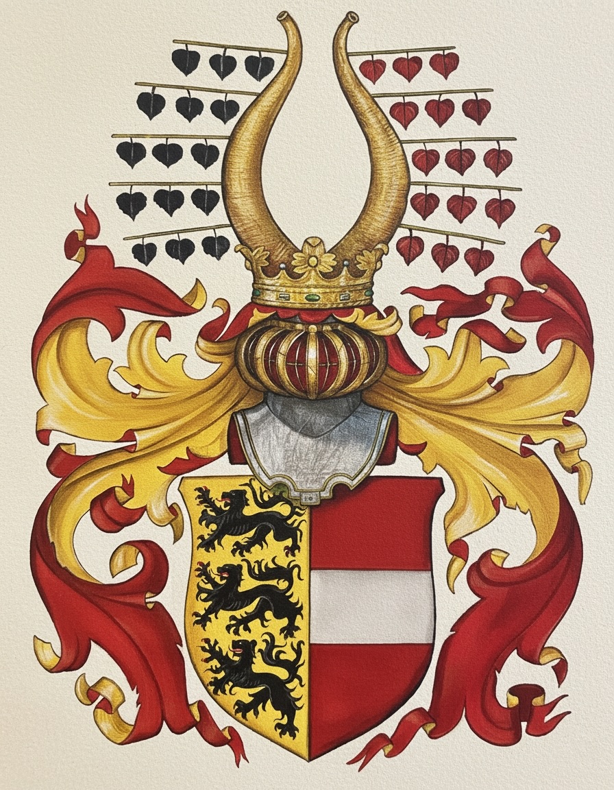 Hand-painted coat of arms with a golden horned crest, rows of heart-shaped leaves, and a shield of three black lions beside Austria's red-white-red stripes